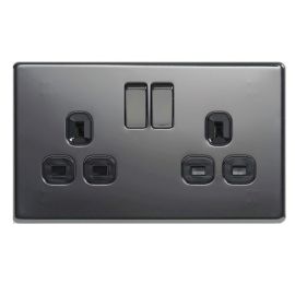 Nexus Switched Wall Socket - 2 Gang - Black Nickel